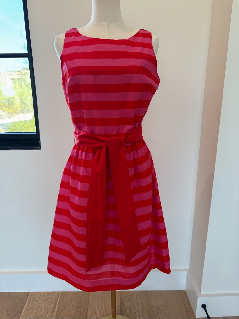 Garnet Hill Timeless Preppy Red and Pink Striped Tie-Waist Midi Dress Americana